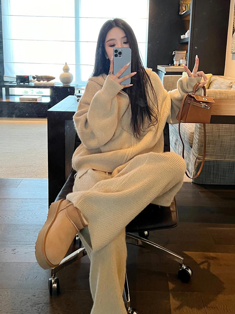 休闲慵懒风时尚套装女2025秋季宽松加厚连帽针织开衫阔腿裤两件套