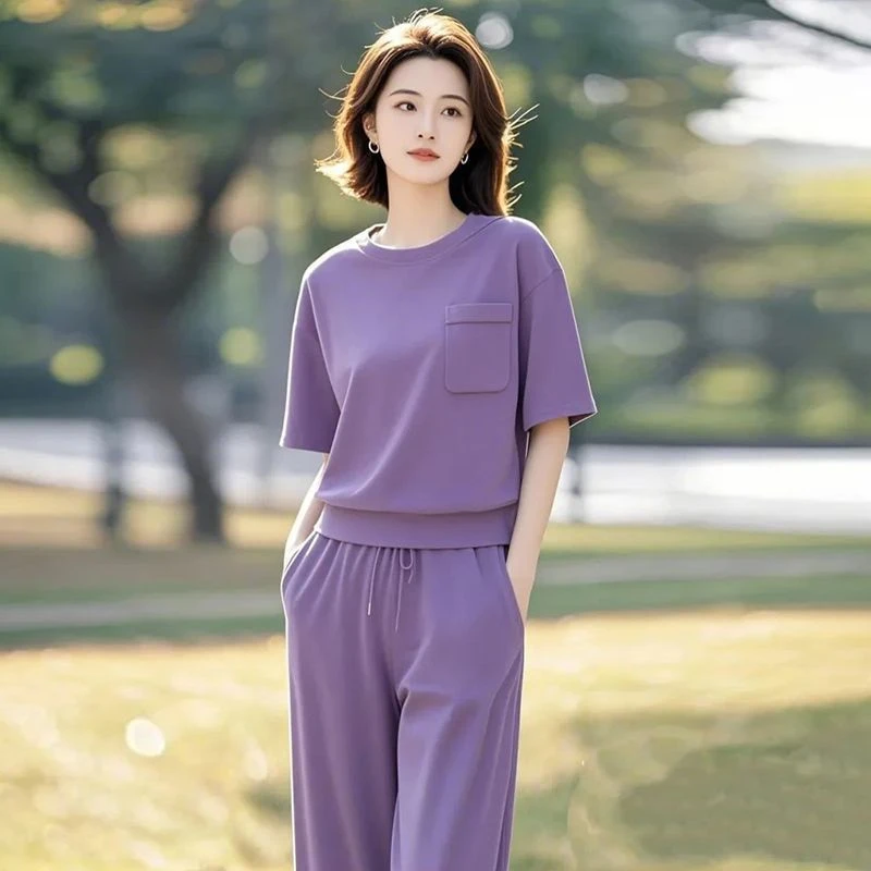 时尚运动服套装女2025夏季新款韩版洋气休闲妈妈装显瘦遮肉两件套