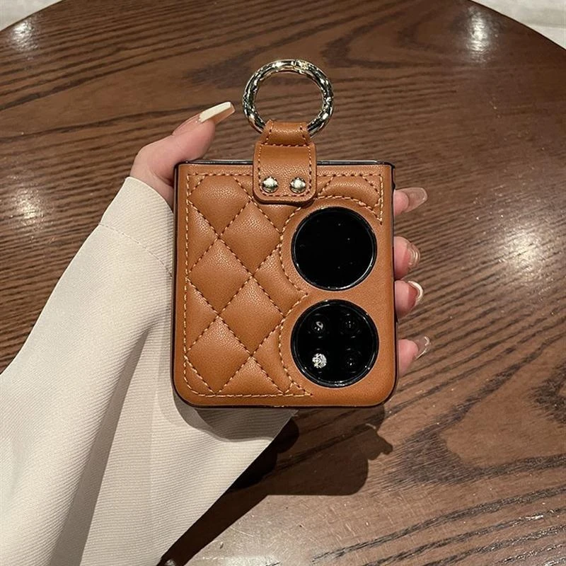 原装正品适用小香风复古棕高档皮质菱格高级感指环扣华为pockets