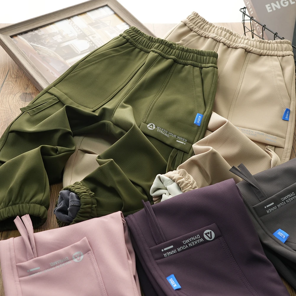 秋冬时尚拼接男童工装加绒冲锋裤中大童捏褶束脚长裤保暖XZY958