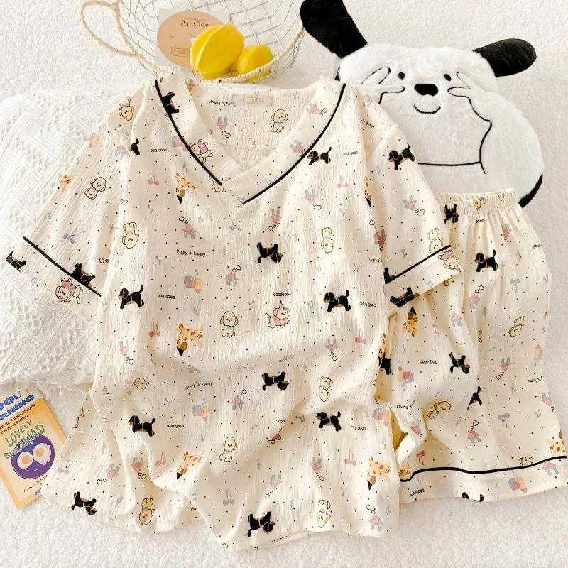 斑点小狗睡衣女夏季云朵棉短袖短裤少女V领套头可外穿家居服套装