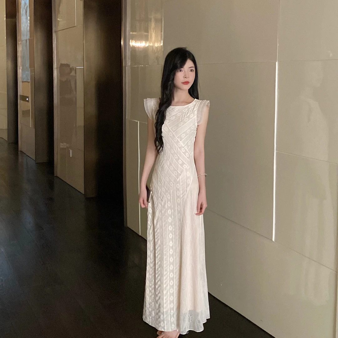 【高级月光裙】原创设计法蕾拼接无袖修身气质A字显瘦名媛风连衣裙