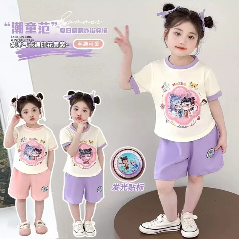 儿童夏季薄款套装女卡通哪吒亮片变色T恤宽松短袖酷闪短裤两件套