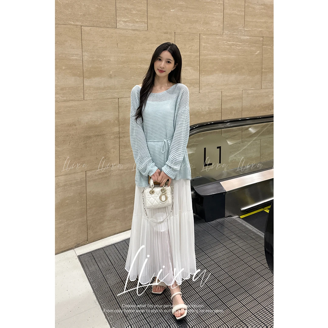 Liixu韩系慵懒风镂空网格小衫防晒罩衫显瘦半裙三件套L51TZ144