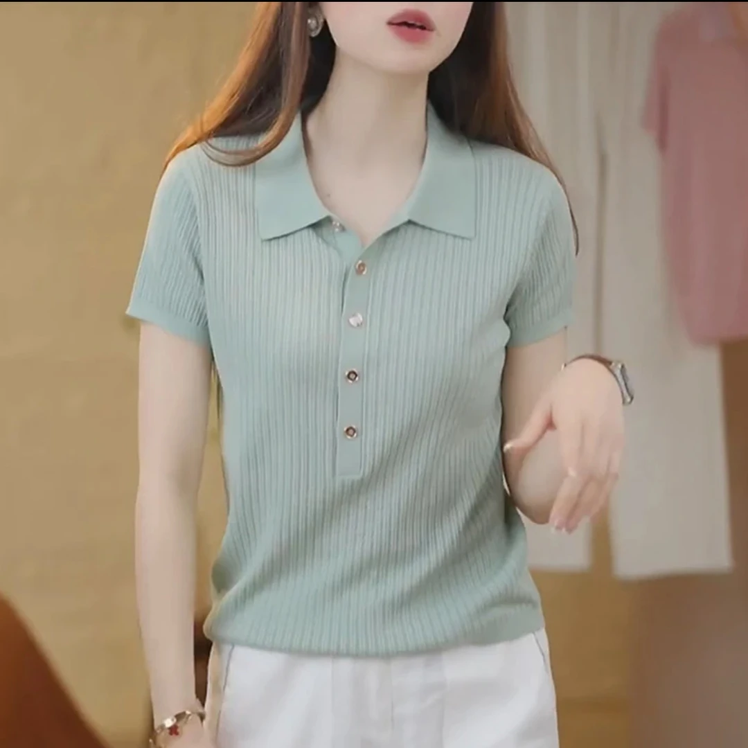 POLO领百搭冰丝薄款针织衫短袖T恤女夏新款显瘦简约纯色大码上衣