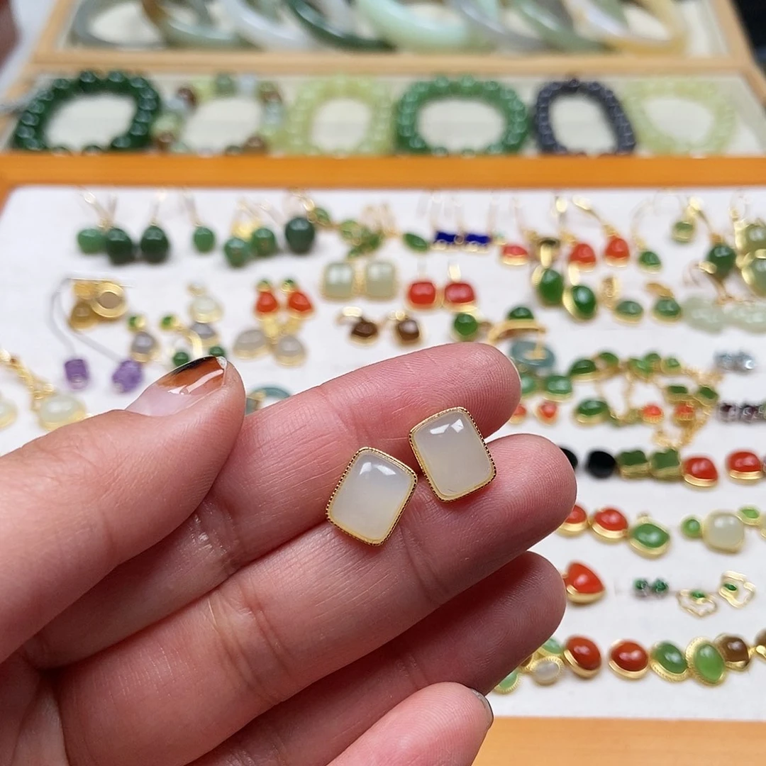 和田玉耳饰银S925镶嵌