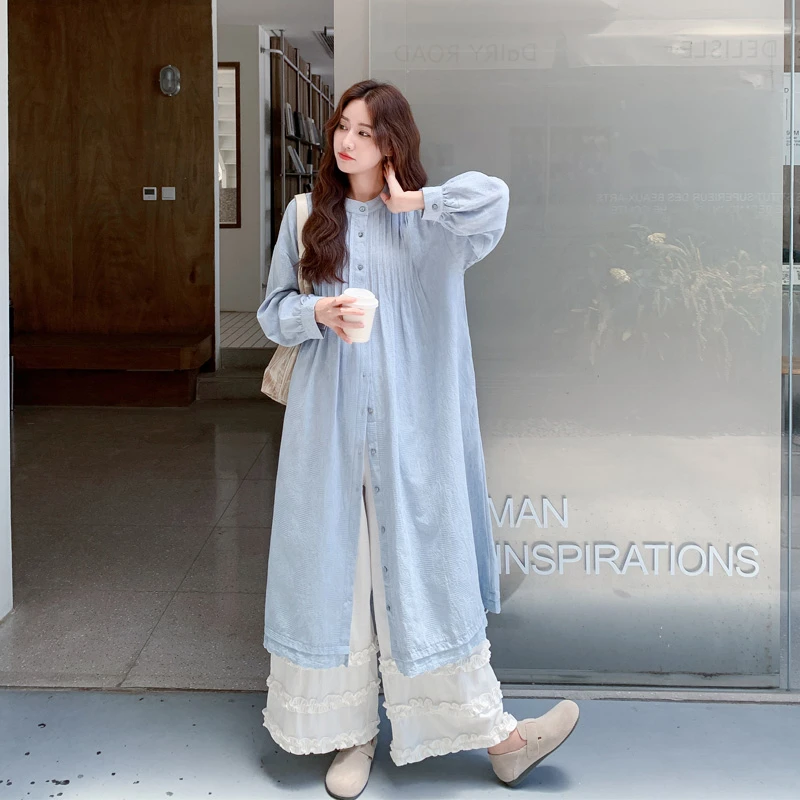 海盐蓝罩衫裙木耳边阔腿裤2025春秋新款气质韩系ins风时尚套装裤
