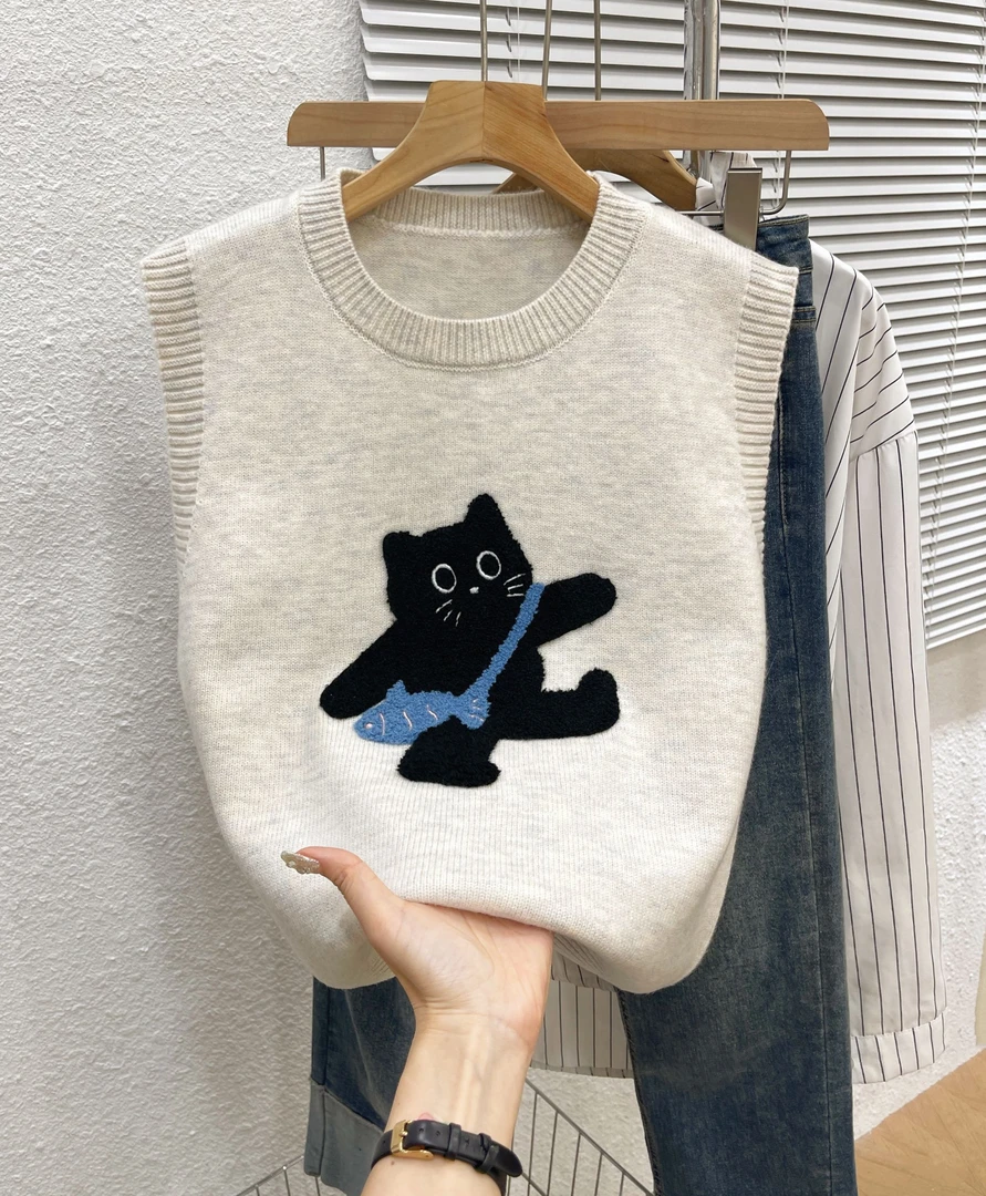 减龄针织毛衣马甲背心女学院风刺绣小猫内搭马夹春秋坎肩