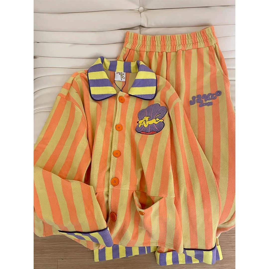 韩系卡通小狗撞色条纹德绒睡衣女生春秋款大码家居服两件套可外穿