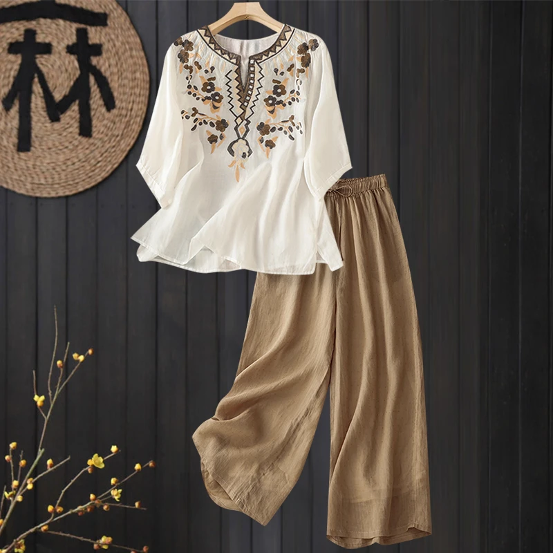 民族风苎麻套装女士2025年夏季新款宽松亚麻刺绣衬衫阔腿裤两件套
