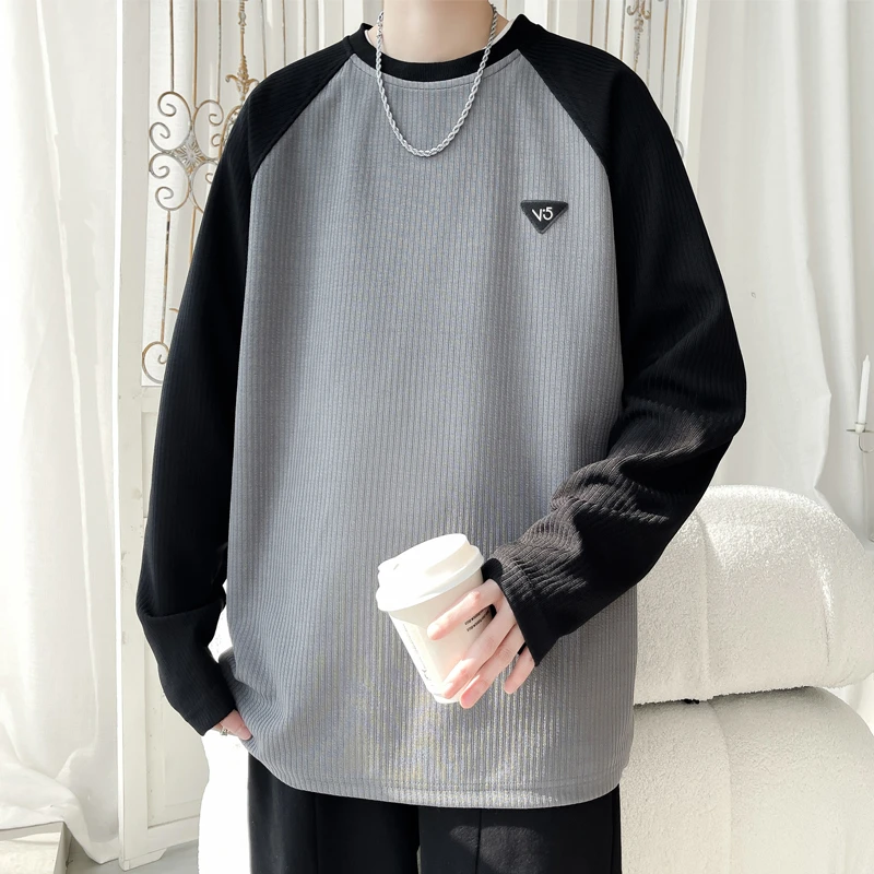 美潮t恤长袖男春休闲潮牌撞色拼接春秋学生卫衣小众内搭打底衫