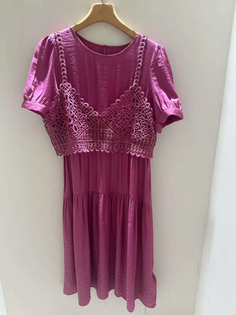 斜领短袖中长裙少女风套头短袖连衣裙拼接长款礼服潮流职场休闲风