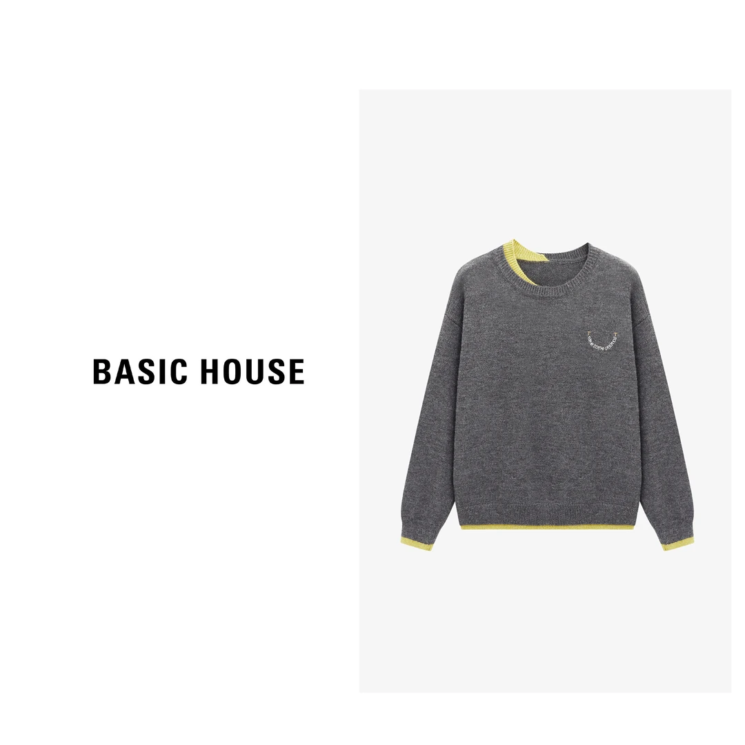 Basic House/百家好秋季新款简约时尚撞色刺绣毛衣-B0625B5JMU2