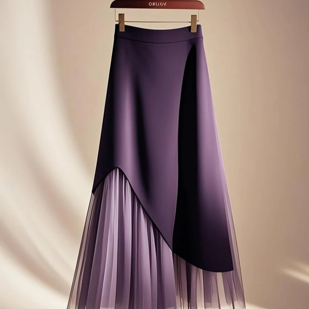 今年流行爆款2025春秋高腰显瘦a字裙时尚洋气紫色网纱接半身裙