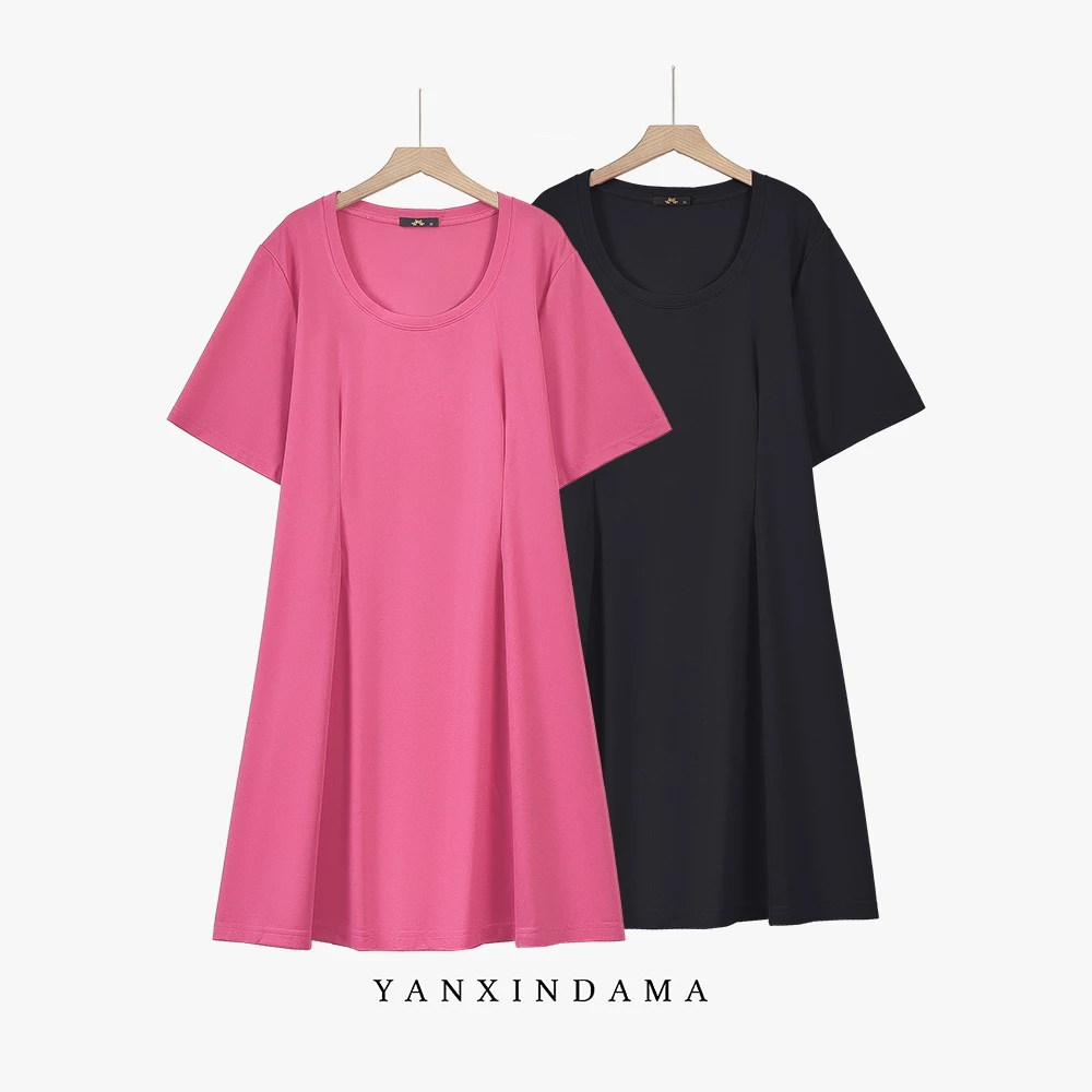 【岩心】大码女装300斤胖MM法式优雅气质圆领高腰纯色连衣裙63737