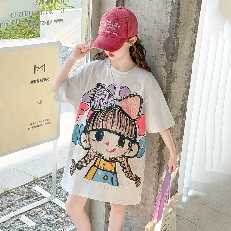 女童连衣裙儿童洋气网红辫子女孩T恤裙童装夏季时尚宽松卡通韩版