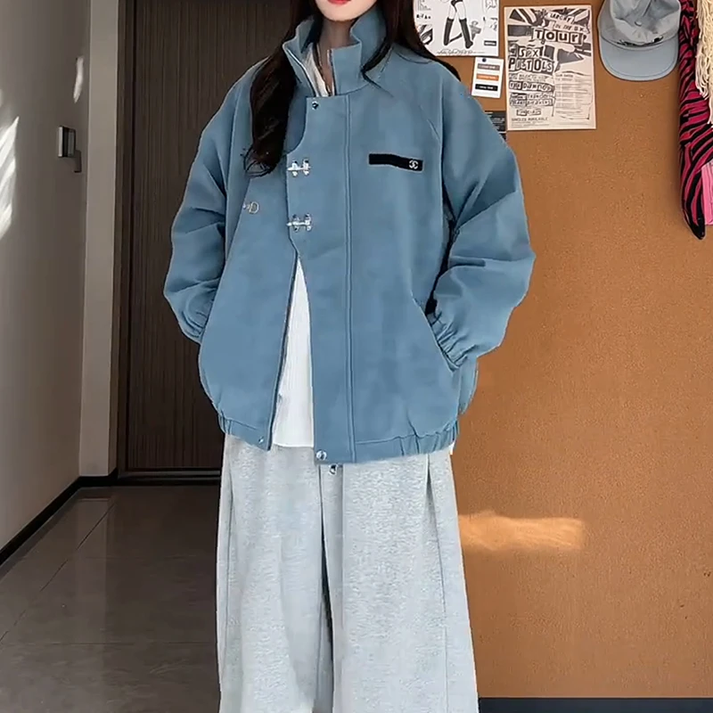 雾霾蓝扎染皮衣夹克男高级感痞帅秋季短款外套立领工装情侣棒球服