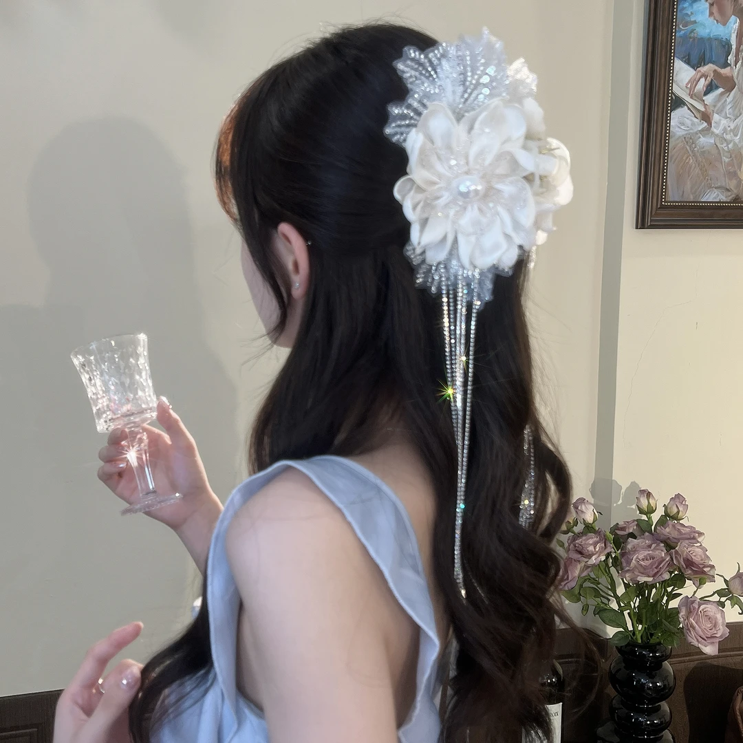 唯美白月光花朵流苏抓夹高级感轻奢重工超仙气质百搭优雅鲨鱼夹