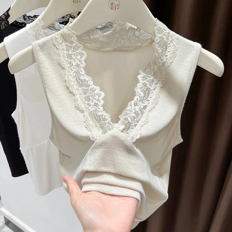 毛衣叠穿内搭无袖吊带背心女新款时尚百搭蕾丝花边V领针织打底衫
