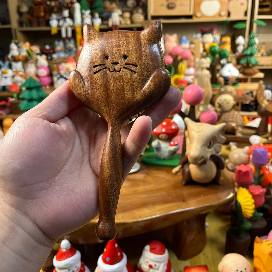 猫咪按摩梳长柄气垫天然檀木经络按摩梳子绿檀治愈系送女生