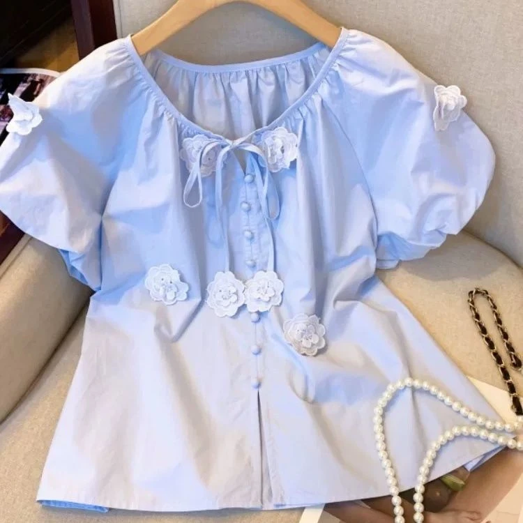 薄荷曼波绿色立体花朵领系带衬衫女夏季小个子娃娃衫泡泡袖上衣