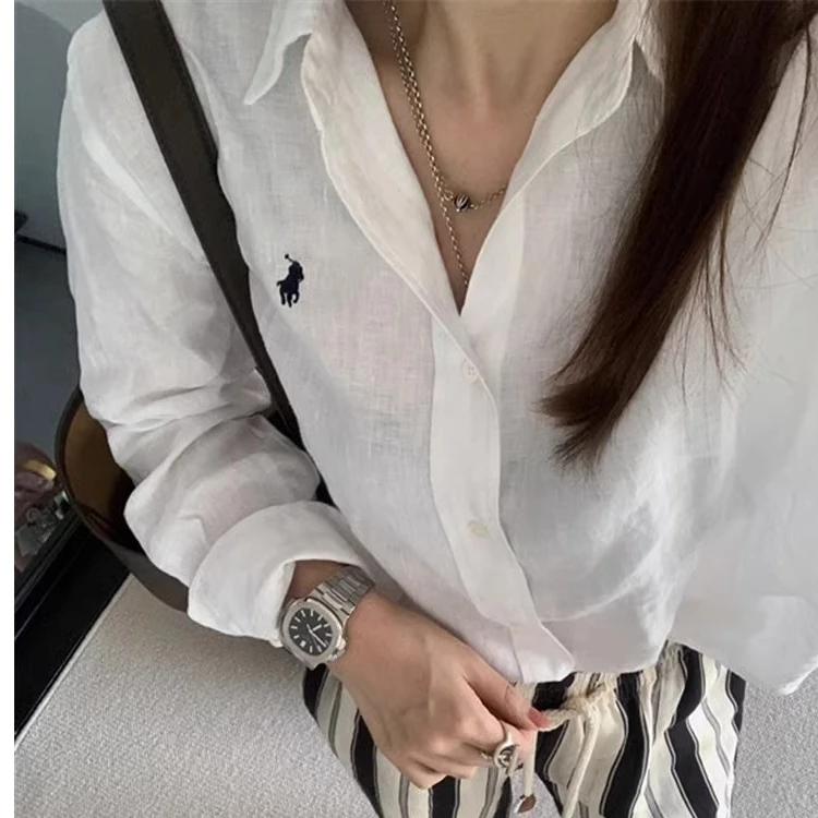 战马刺绣白色棉麻防晒衬衫女秋慵懒宽松长袖亚麻空调衫衬衣亚麻夏