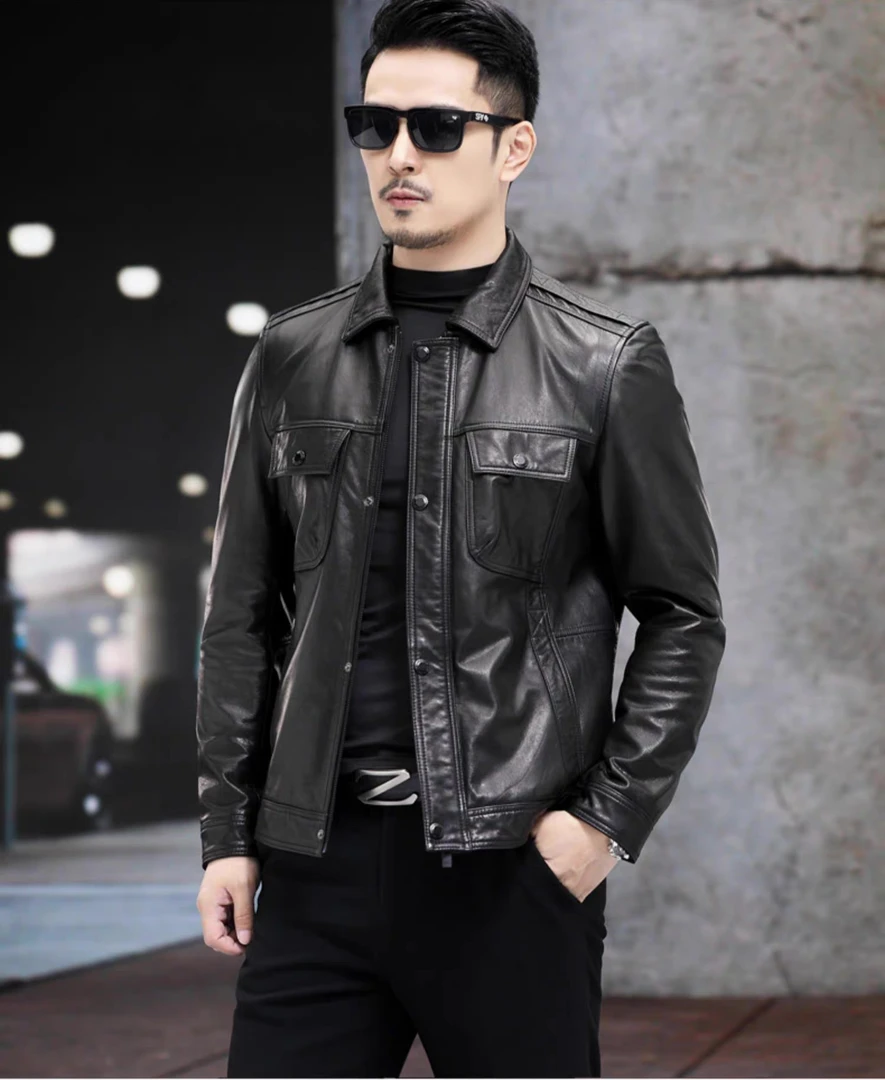 22095男士海宁真皮皮衣外套头层牛皮短款翻领皮夹克时尚休闲春秋