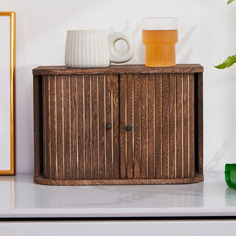实木防尘卷帘门茶杯收纳架桌面收纳盒化妆品护肤茶具置物架杂物柜