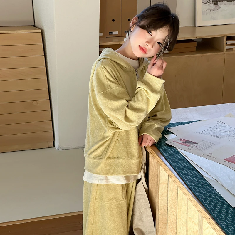 女童运动套装2025新款休闲连帽两件套中大童洋气纯色衣服春款时尚