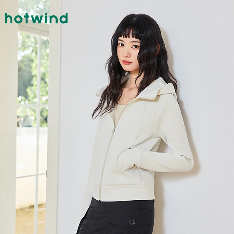 Hotwind/热风针织卫衣女早秋穿搭韩系连帽外套空气层短款修身开衫