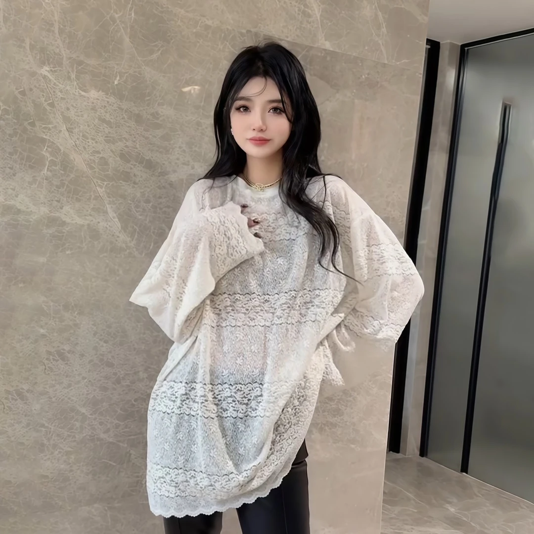 网红欧货蕾丝花边打底衫女秋冬新款独特洋气宽松镂空长袖T恤上衣