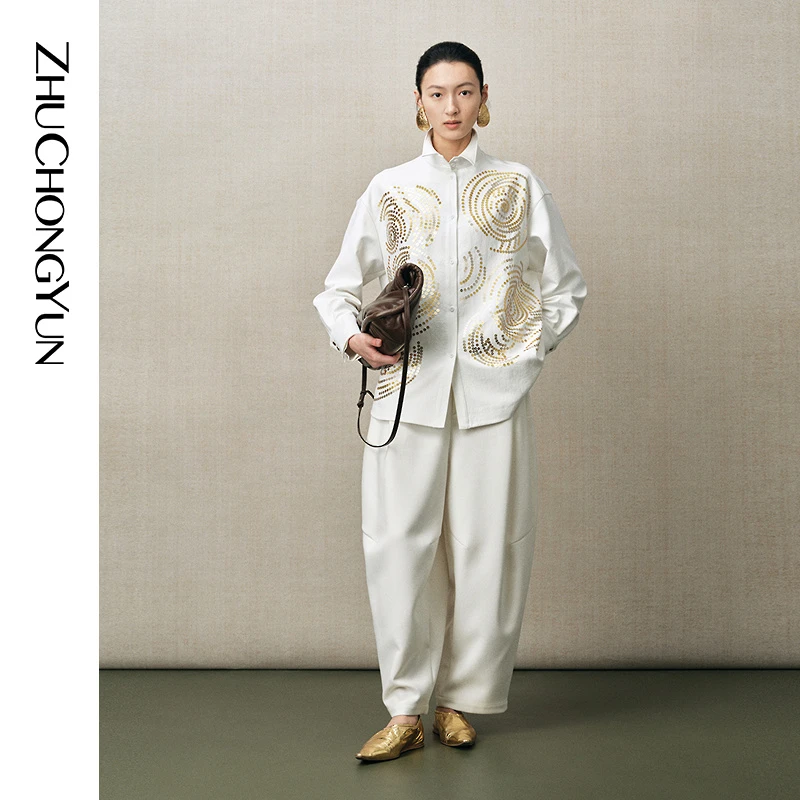 ZHUCHONGYUN2025冬新款珠片落肩立领衬衫优雅日常C1FZ42288