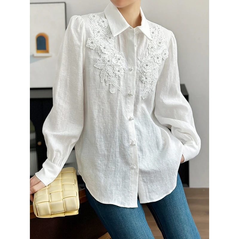 左左家 满分推荐！重工蕾丝绣花钉钻100%亚麻衬衫女翻领休闲上衣