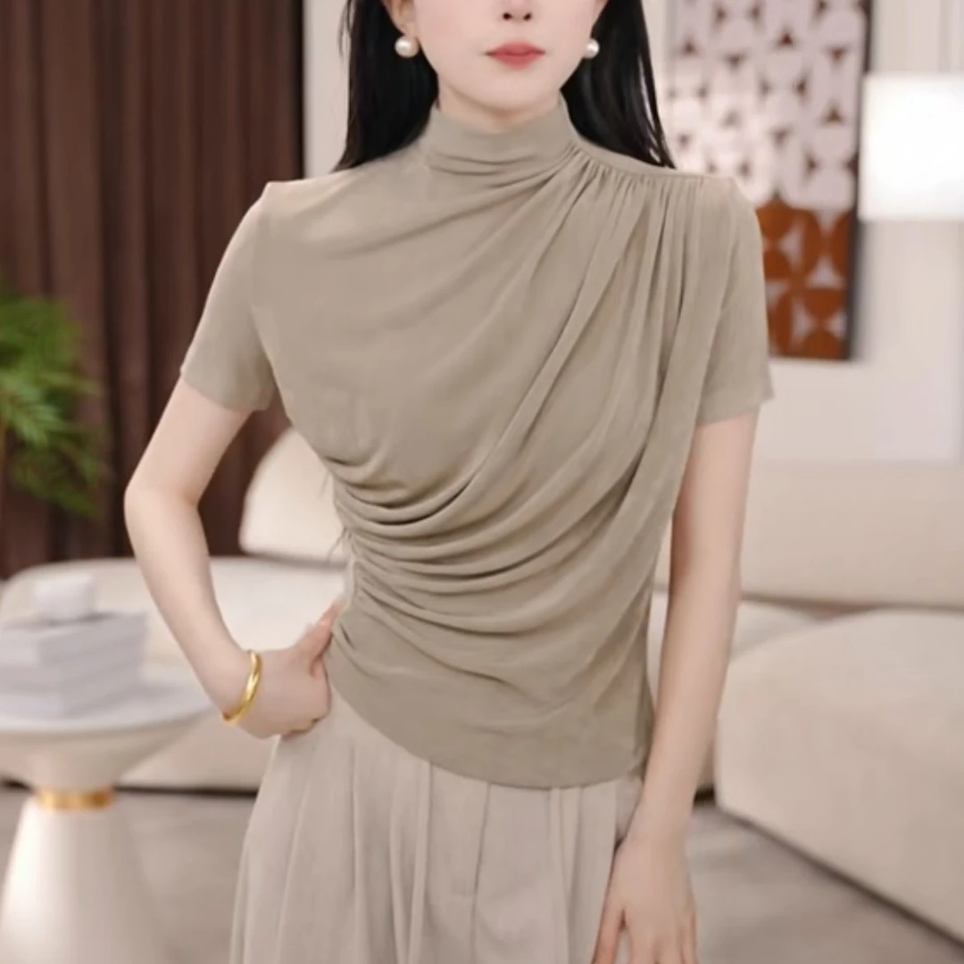 2025夏季新款设计感显瘦时尚上衣不规则褶皱立领短袖T恤女