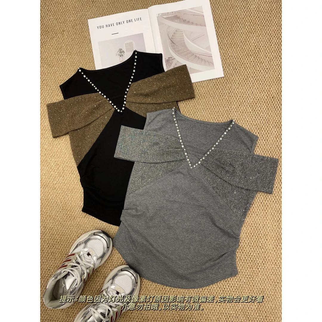 2025新款 镶钻露肩短袖T恤女百搭修身显瘦上衣5781#
