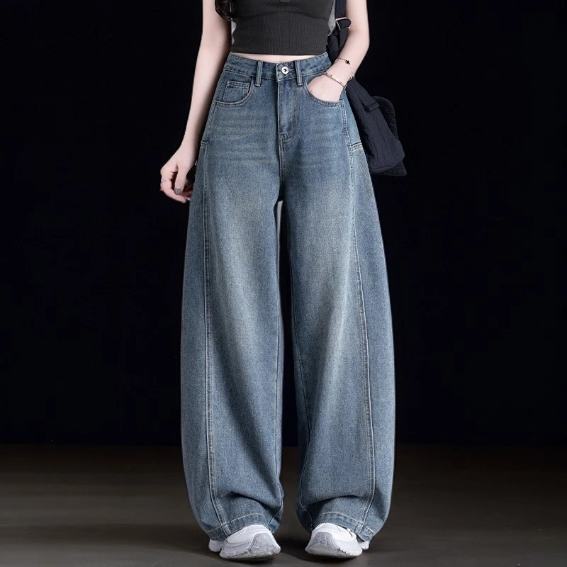 蓝色弯刀牛仔裤女秋冬季女裤美式裤子小众炸街直筒高腰宽松阔腿裤