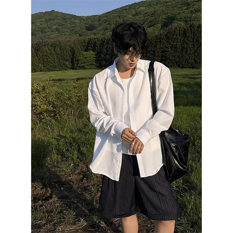 白色冰丝防晒衬衫男长袖夏季薄款垂感衬衣高级感潮牌cleanfit外套