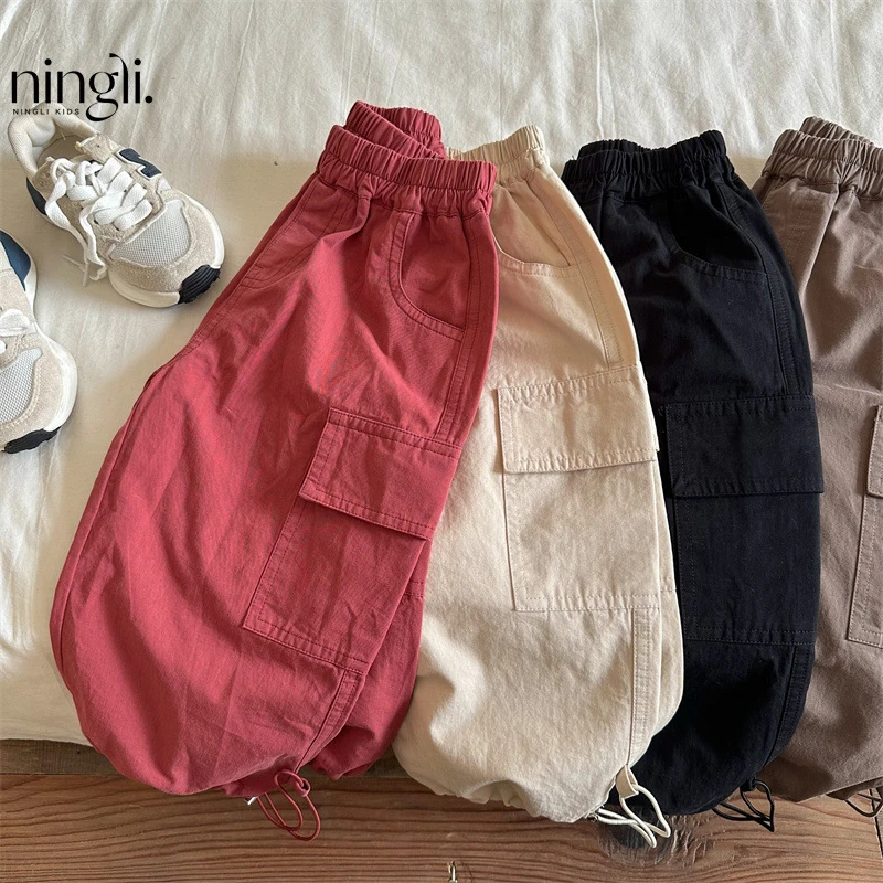 儿童长裤2025秋季新品男女童纯色束脚工装裤宝宝阔腿棉布裤潮