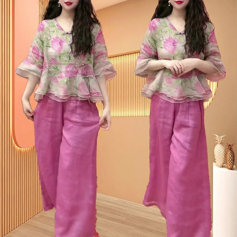 单套装 高档民族风夏季新款收腰显瘦国风花色上衣+长裤两件套潮