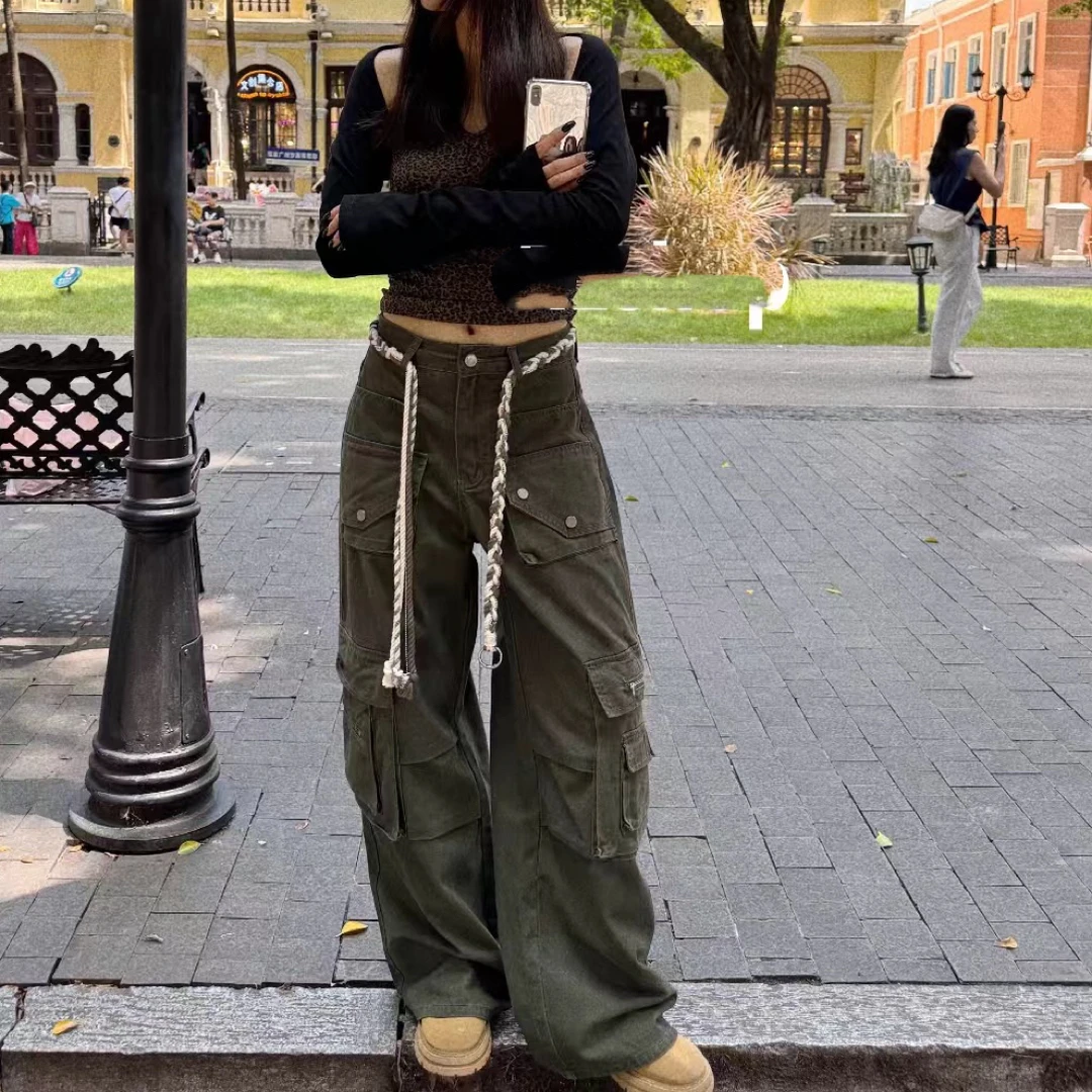 洁哥 新品洗水口袋工装裤显瘦韩系直筒长裤