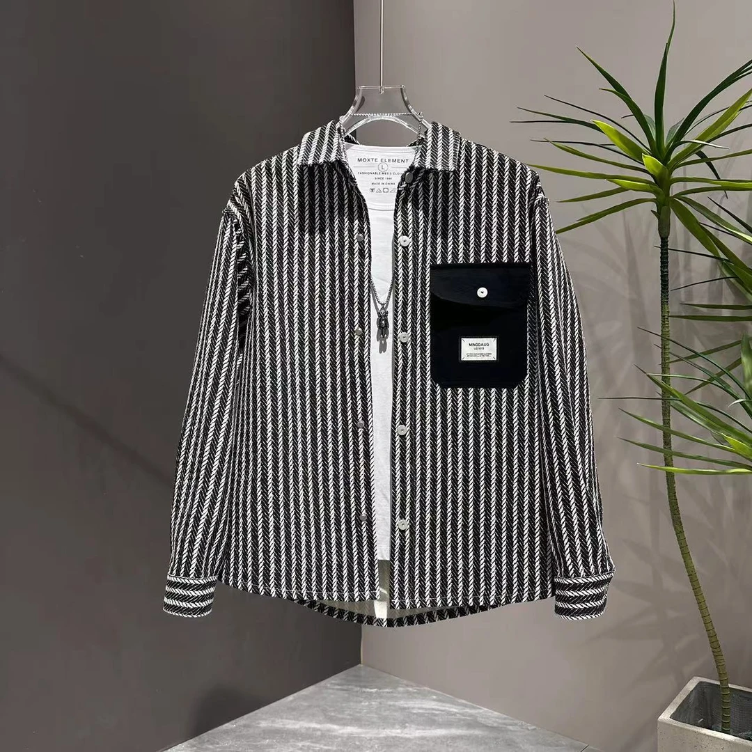 秋冬男士时尚条纹衬衫长袖休闲翻领韩版设计师款男款外套上衣衣服