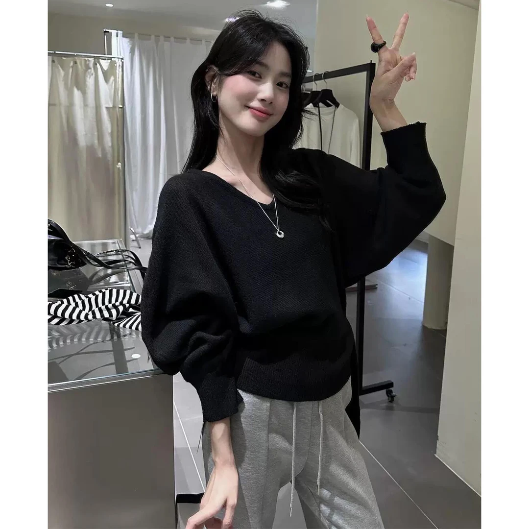 大码胖mm秋冬慵懒风蝙蝠袖V领针织衫女纯色系带收腰显瘦毛衣