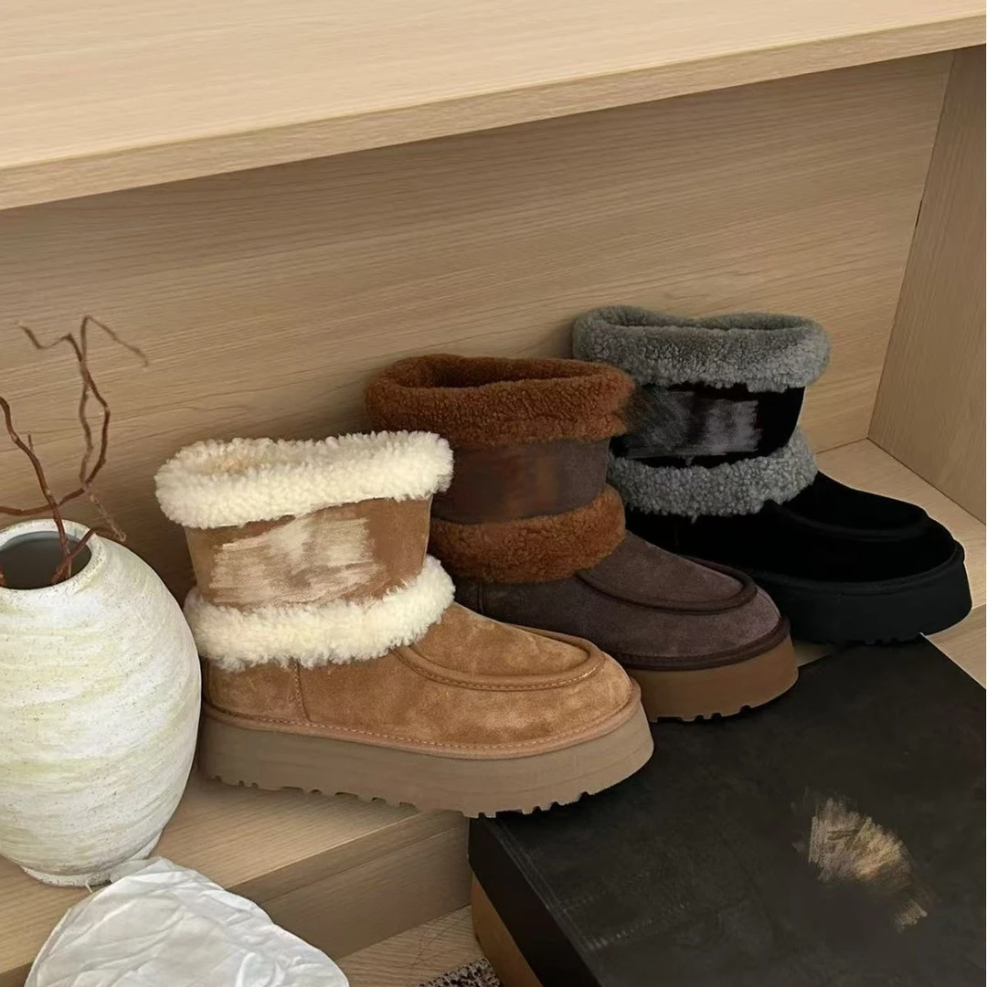 【甜甜圈】桑坡雪地靴羊皮毛一体毛毛筒3.5cm明星同款