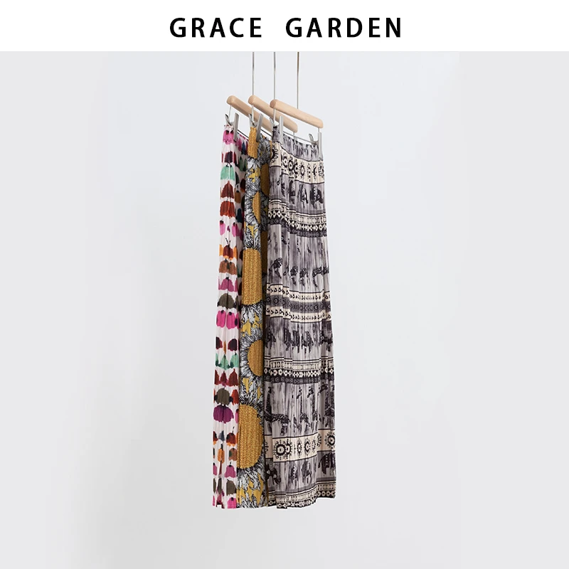 GRACE GARDEN【三Z裙！】复古三宅褶皱印花半身裙YQ5E2317