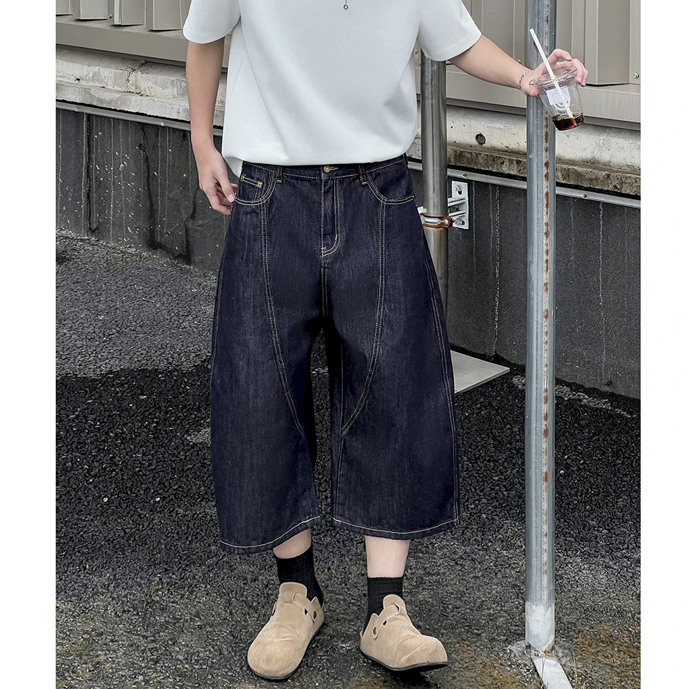 美式复古水洗牛仔短裤男夏季高腰休闲阔腿裤百搭宽松直筒七分裤子