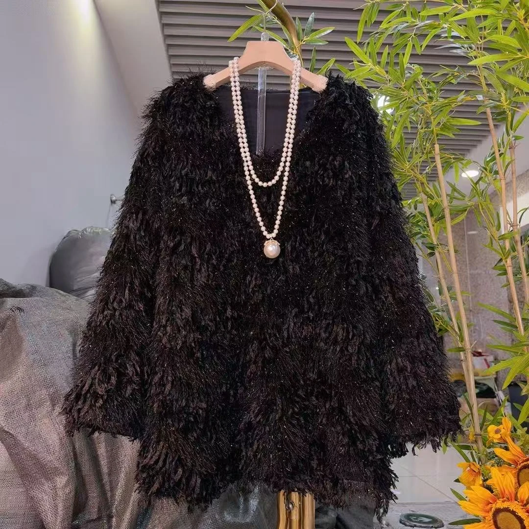 时尚流苏毛毛T恤高端微胖大码洋气减龄长袖秋冬新款爆款上衣气质