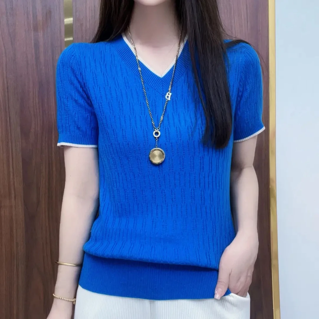 v领短袖t恤女士妈妈夏装2025新款时尚洋气上衣小衫洋气减龄针织衫