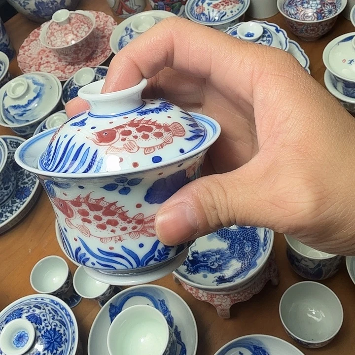 手绘二才鱼藻盖碗