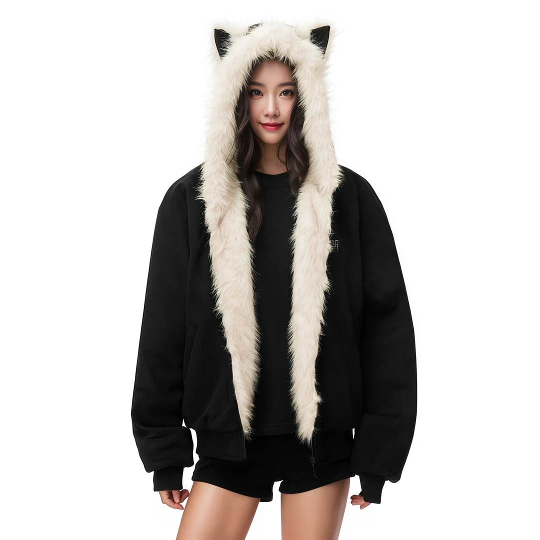 FDR WSP 秋冬黑色麂皮毛领连帽夹棉外套女加厚猫耳朵座山雕棉衣男