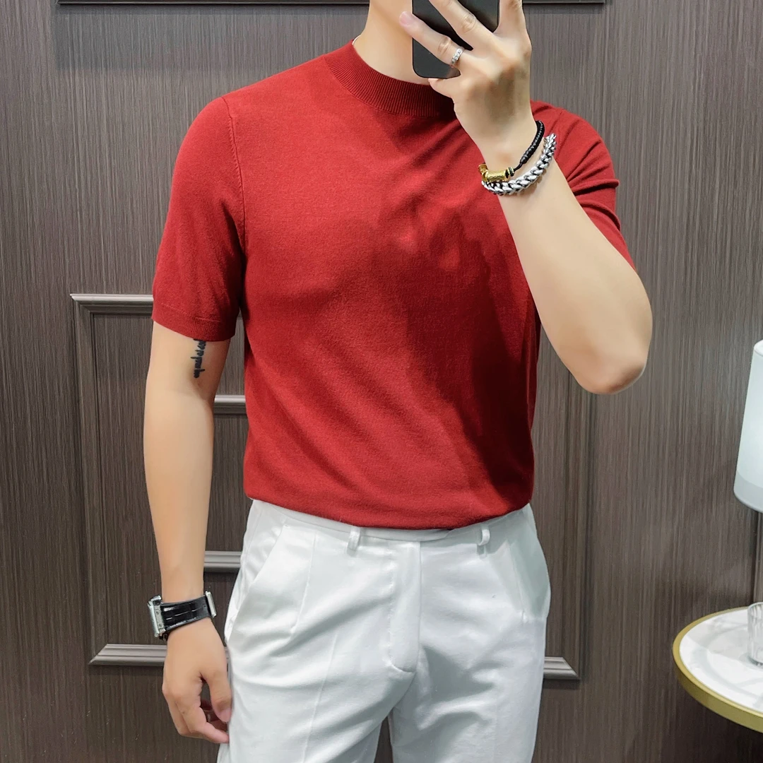 针织薄款T恤修身纯色2025年新款夏季短袖毛衣短袖修身圆领男士